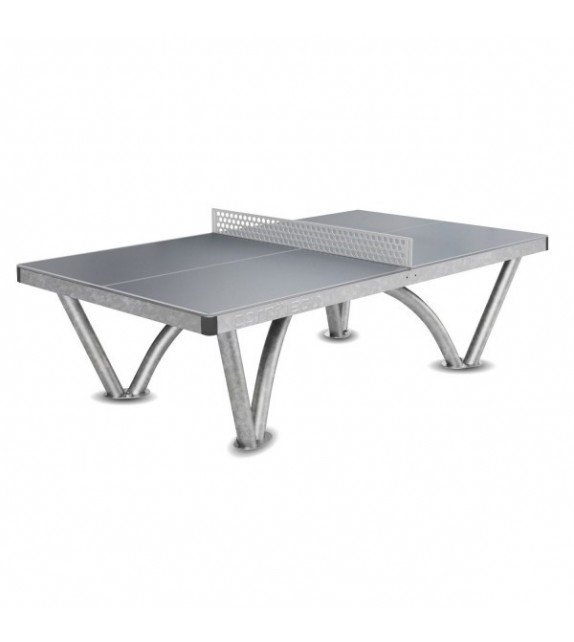 Table de ping-pong professionnelle prête à l’emploi, avec filet et socle métallique robuste, dimensions table de ping pong professionnel conformes.