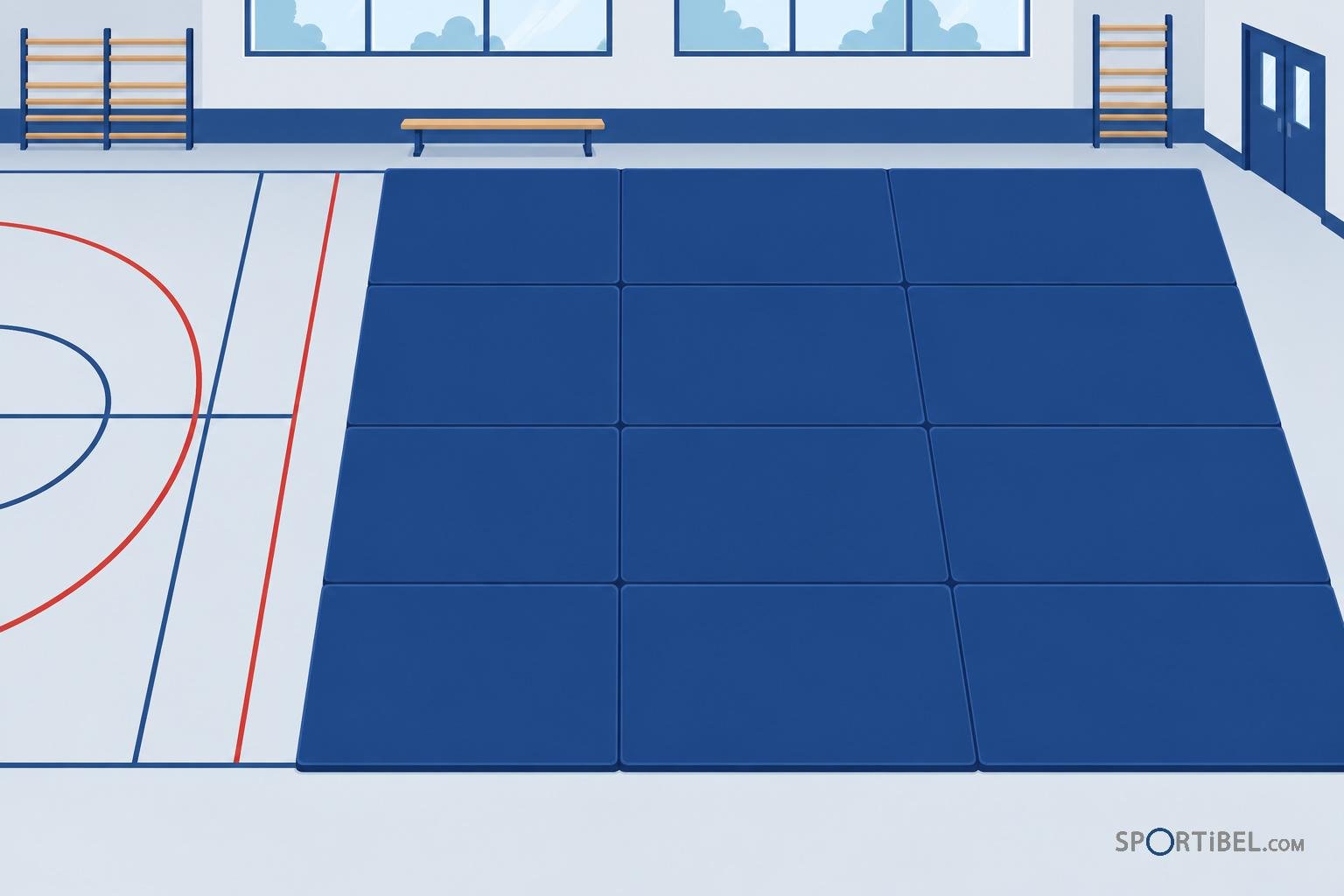 Tapis de gymnastique bleu foncé recouvrant une grande aire de pratique dans une salle, avec des rangées de modules et des