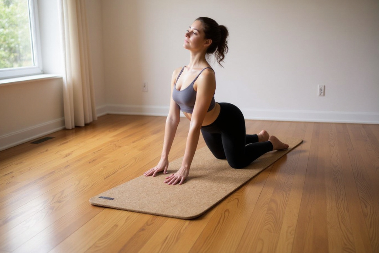 Un tapis de yoga en liège unique, centré sur un salon lumineux près d’une fenêtre, montrant son confort d’épaisseur et son adhérence.