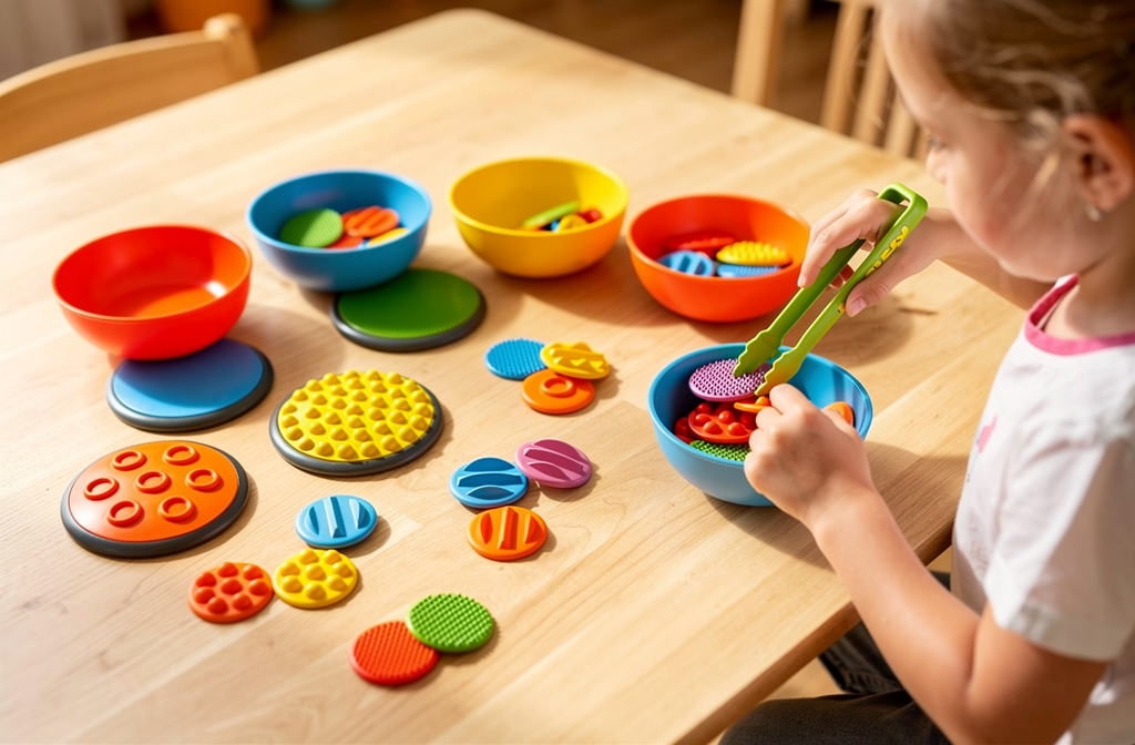 Enfant utilisant des pinces pour trier des disques sensoriels colorés sur une table de jeu