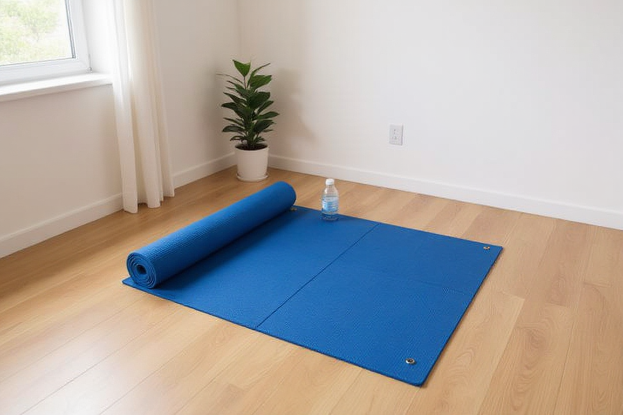 Tapis de yoga bicolore bleu déroulé dans un coin fitness à domicile