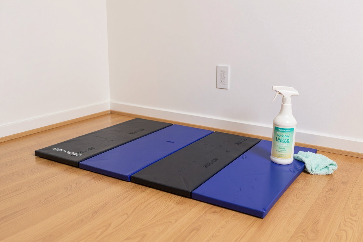 Tapis de gym posé au sol avec produits naturels de nettoyage