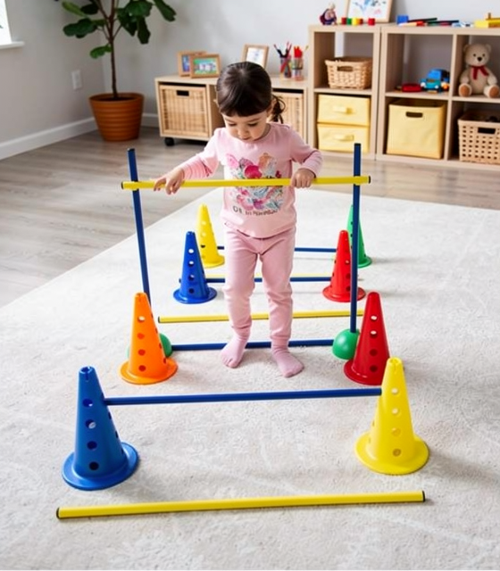 Kit de psychomotricité avec cônes et cerceaux utilisé par un enfant dans une salle de jeu lumineuse