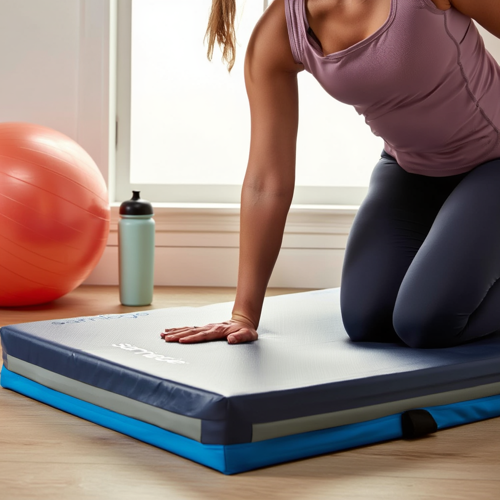 Tapis de gymnastique pliant posé dans un coin fitness à domicile, une personne testant son épaisseur confortable.