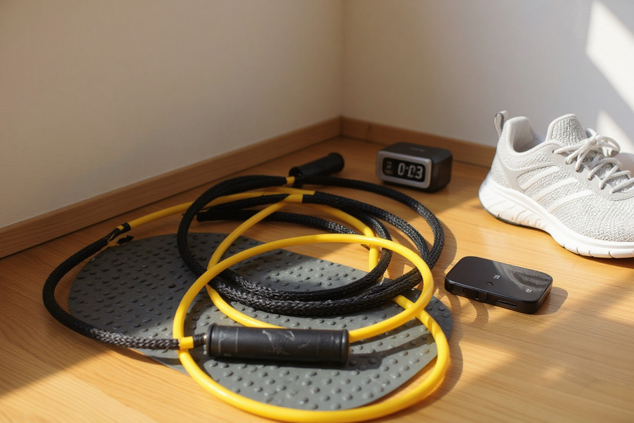 Corde à sauter fitness réglable et lestée posée en boucle sur un tapis, avec mètre pour réglage, téléphone minuteur et baskets prêtes.