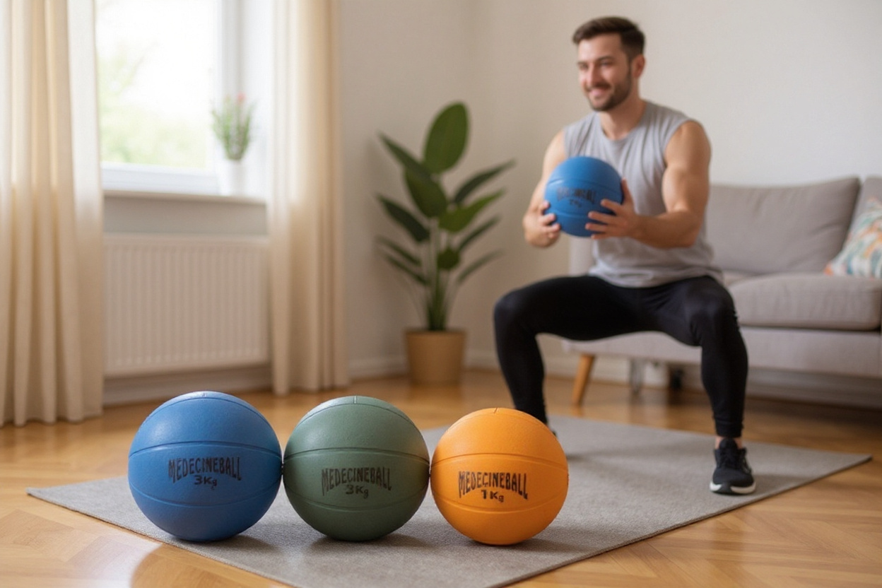 Dans un coin de home-gym, une personne fait des rotations russes avec le medicine ball 3 kg, le set 1–3 kg posé sur le tapis au premier plan.