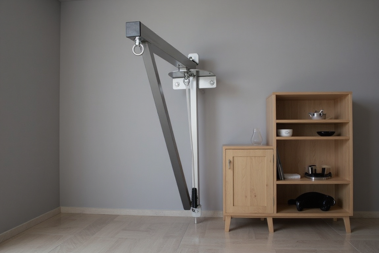 Système de barre de trapèze fixé au mur au-dessus d'un meuble de rangement organisé pour matériel de psychomotricité.
