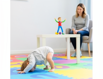 Enfant pratiquant des exercices d'équilibre sur tapis avec modèle de démonstration en psychomotricité