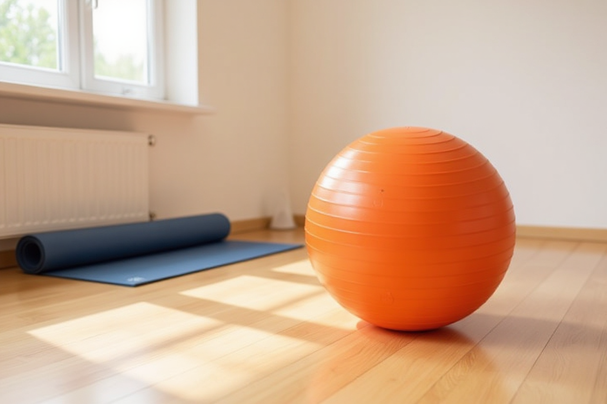 Ballon de gym orange dans un coin fitness à domicile lumineux