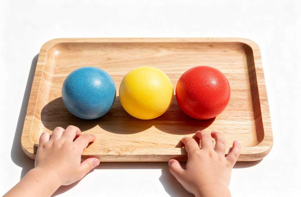 Balles en mousse colorées utilisées pour une activité de motricité fine