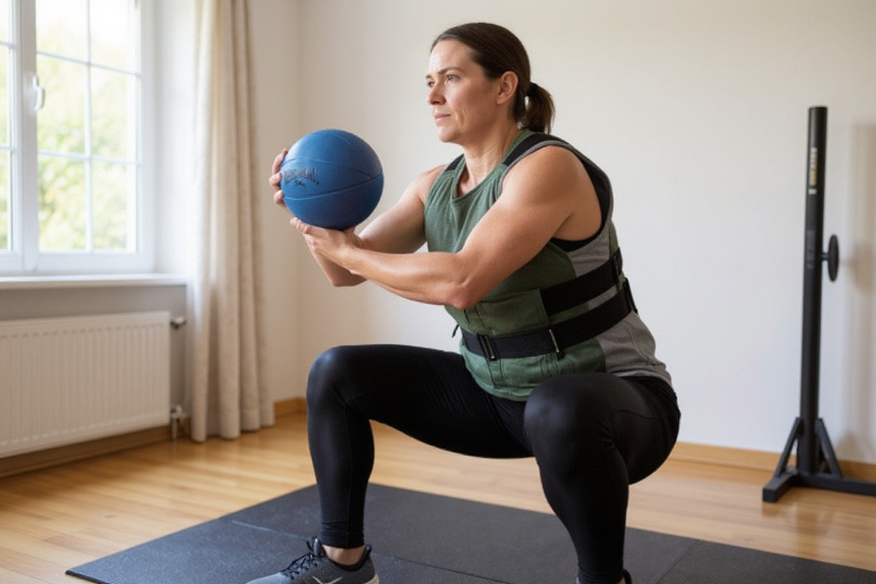 Sportif en gilet lesté faisant des squats contre un mur avec un medicine ball de 2 kg tenu à la poitrine.