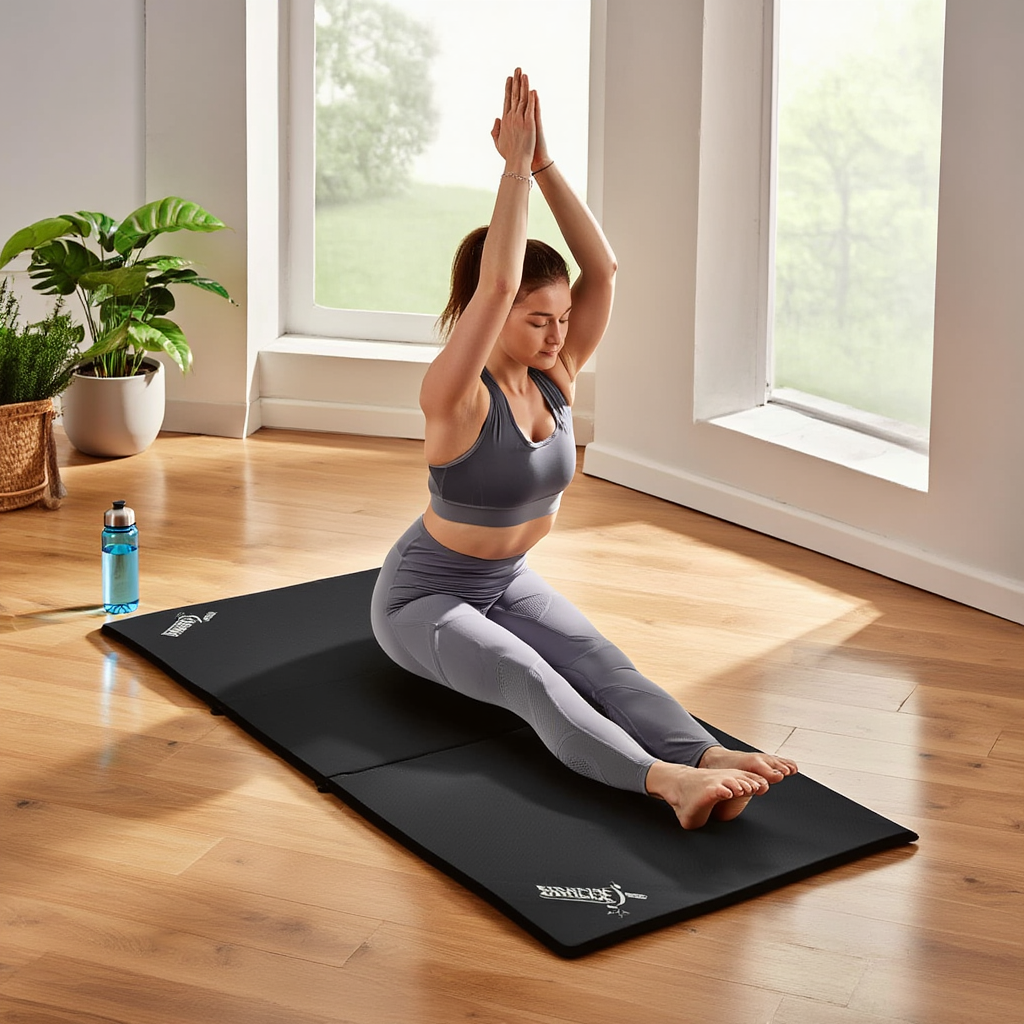 Tapis de gym pliable noir utilisé pour une séance de yoga dans un salon lumineux.